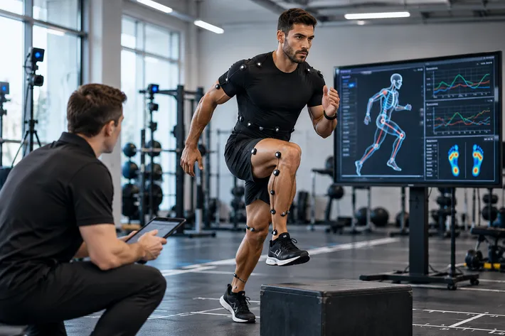 A clinician assessing an athlete during a movement test