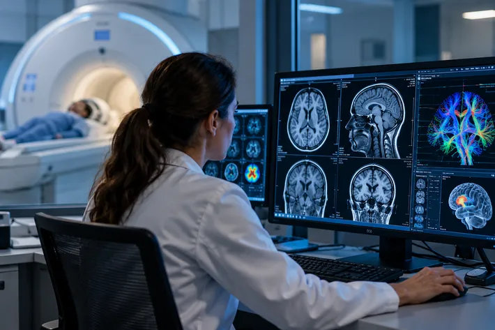 A specialist reviewing brain scans on screen
